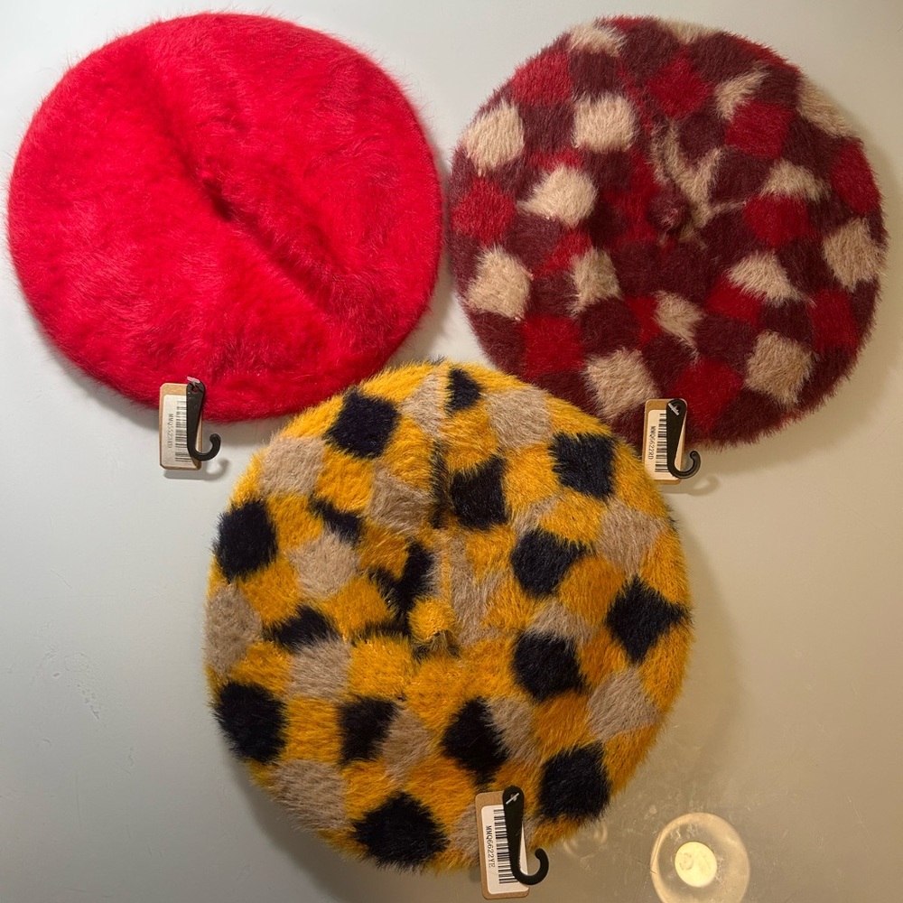 Fuzzy Beret Trio in Red, Burgundy/Cream & Mustard/Black